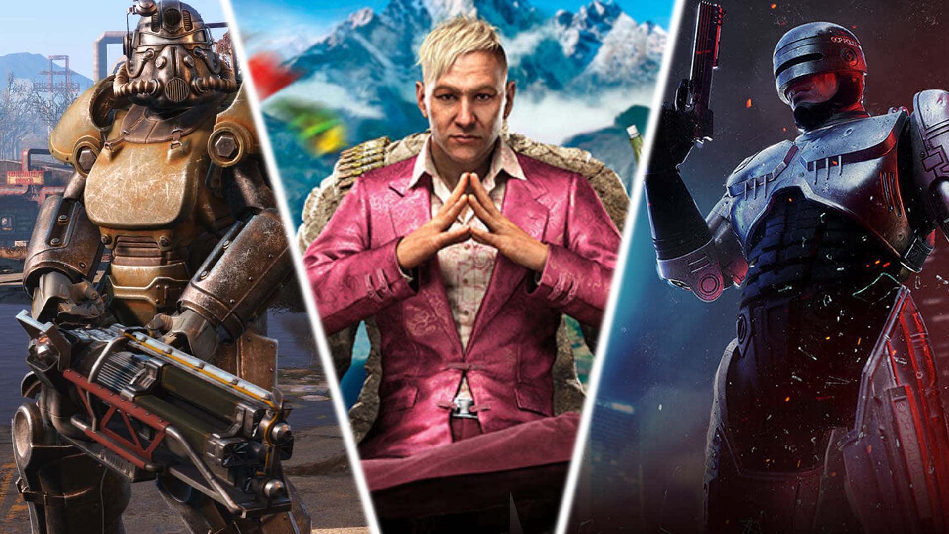 The photo collage features characters from Fallout, Robocop and Far Cry 4. 